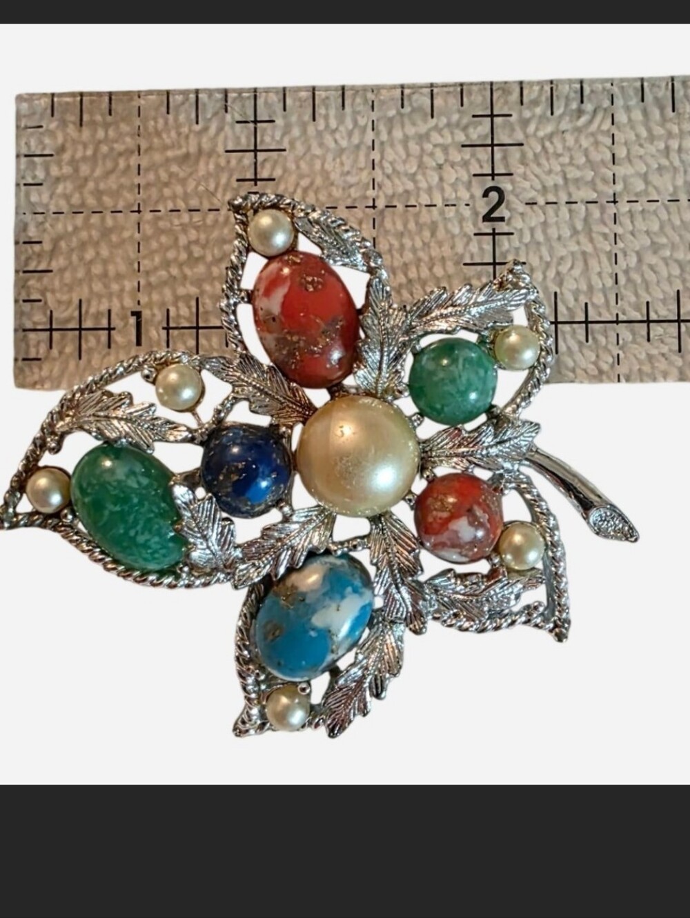 Vintage Sarah Coventry Grandeur Multi Stone Faux Pearl Maple Leaf Brooch Pin - Picture 5 of 5